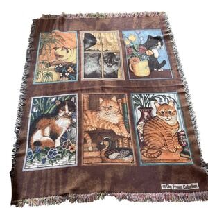 The Fraser Vintage 90s Woven Cat Tapestry Throw Blanket Cottagecore Fringe